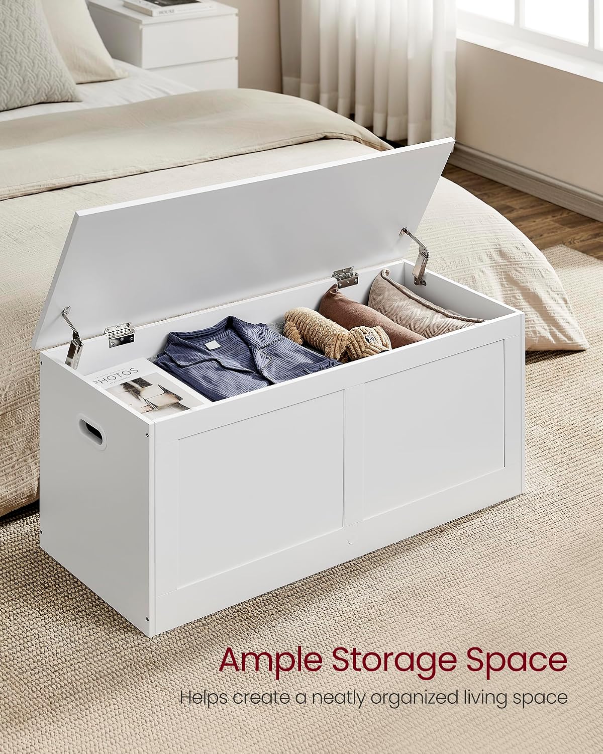 VASAGLE Storage Chest, Storage Trunk with 2 Safety Hinges, Storage Bench, Shoe Bench, Farmhouse Style, 15.7 x 39.4 x 18.3 Inches, for Entryway, Bedroom, Living Room, Cloud White ULSB164W01