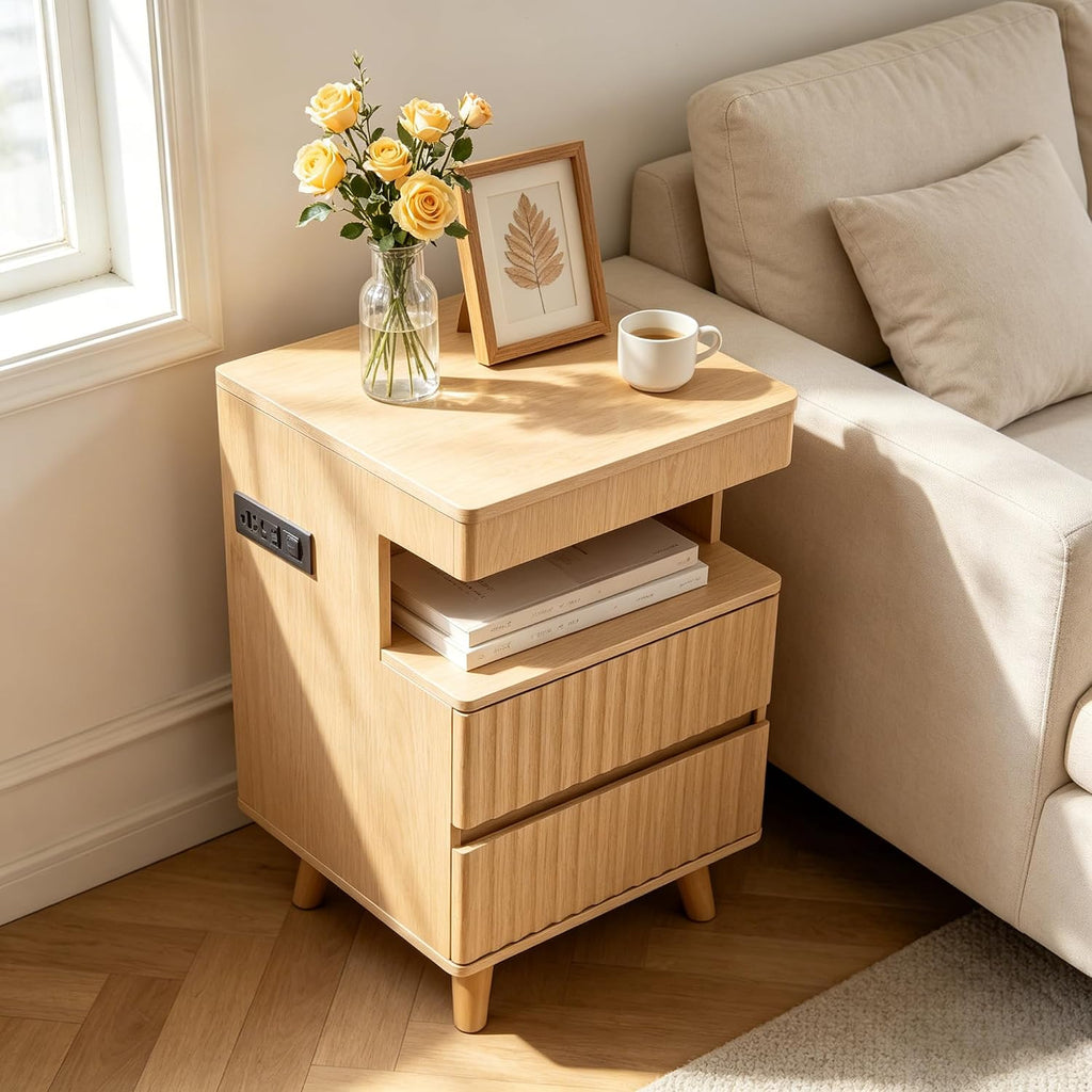 Night Stand with Gun Drawer, Charging Station, End Table with LED Lights, Modern Side Table with 2 Drawers & Open Shelf, Fluted Bedside Table for Bedroom Living Room Office, Oak