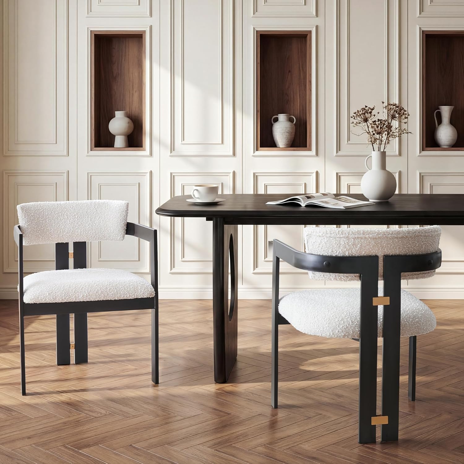 Morden Fort Modern Dining Table Set for 6, 68'' Rectangle Dining Table with 6 Chairs with Arms, Kitchen Table with Pedestal Base, Dinner Table for Dining Room, Kitchen, Living Room (Black)