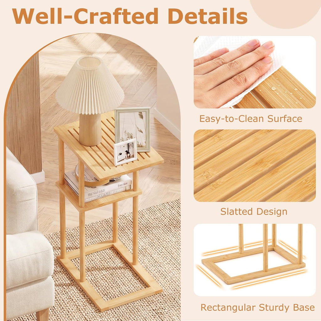 Giantex Bamboo Side Table Set of 2, 3-Tier Narrow End Table with Storage Shelves, Accent Sofa Couch Bedside Table, Boho Night Stand for Living Room Bedroom Small Spaces (16’’L x 11’’W x 25.5’’H)