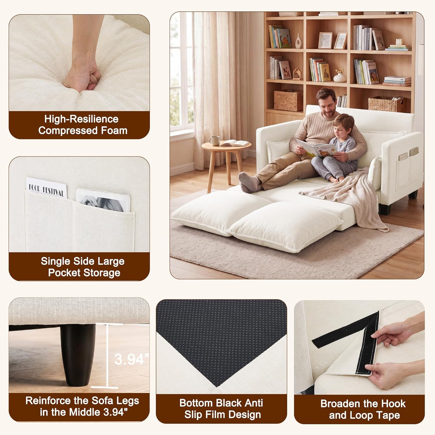 49" Loveseat Sofa Bed, 2 in 1 Convertible Sofa Bed Small Pull Out Couch Bed Chenille 2 Seat Sofa 85" Sleeper Futon Mattress for Small Spaces Living Room Bedroom Apartment Office 8836-BEIGE