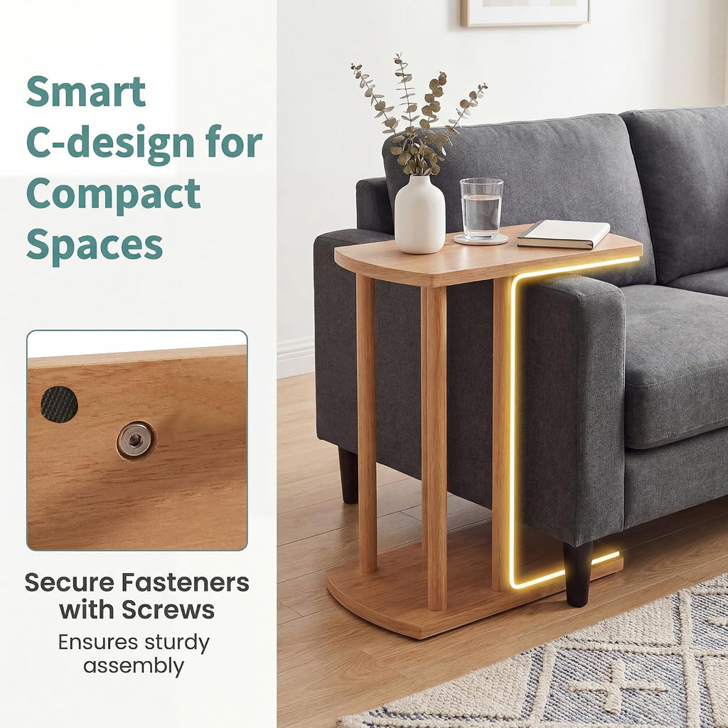 COSTWAY Solid Teak C-Shaped Side Table, Natural Slim 2-Tier End Table with Thick Top & Stable Base, Space-Saving Couch Table for Living Room Bedroom Small Spaces (1)