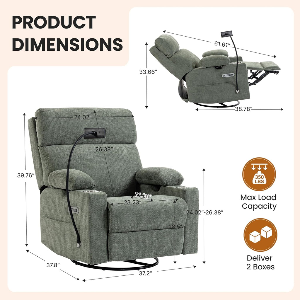 FiveWillowise Power Rocking Chair Nursery with Adjustable Arms&Headrest | Glider Recliner Chair, Swivel Reading Chair with Electric Lumbar Support, Cup Holder, Nightlight and USB Ports,Green