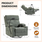 FiveWillowise Power Rocking Chair Nursery with Adjustable Arms&Headrest | Glider Recliner Chair, Swivel Reading Chair with Electric Lumbar Support, Cup Holder, Nightlight and USB Ports,Green