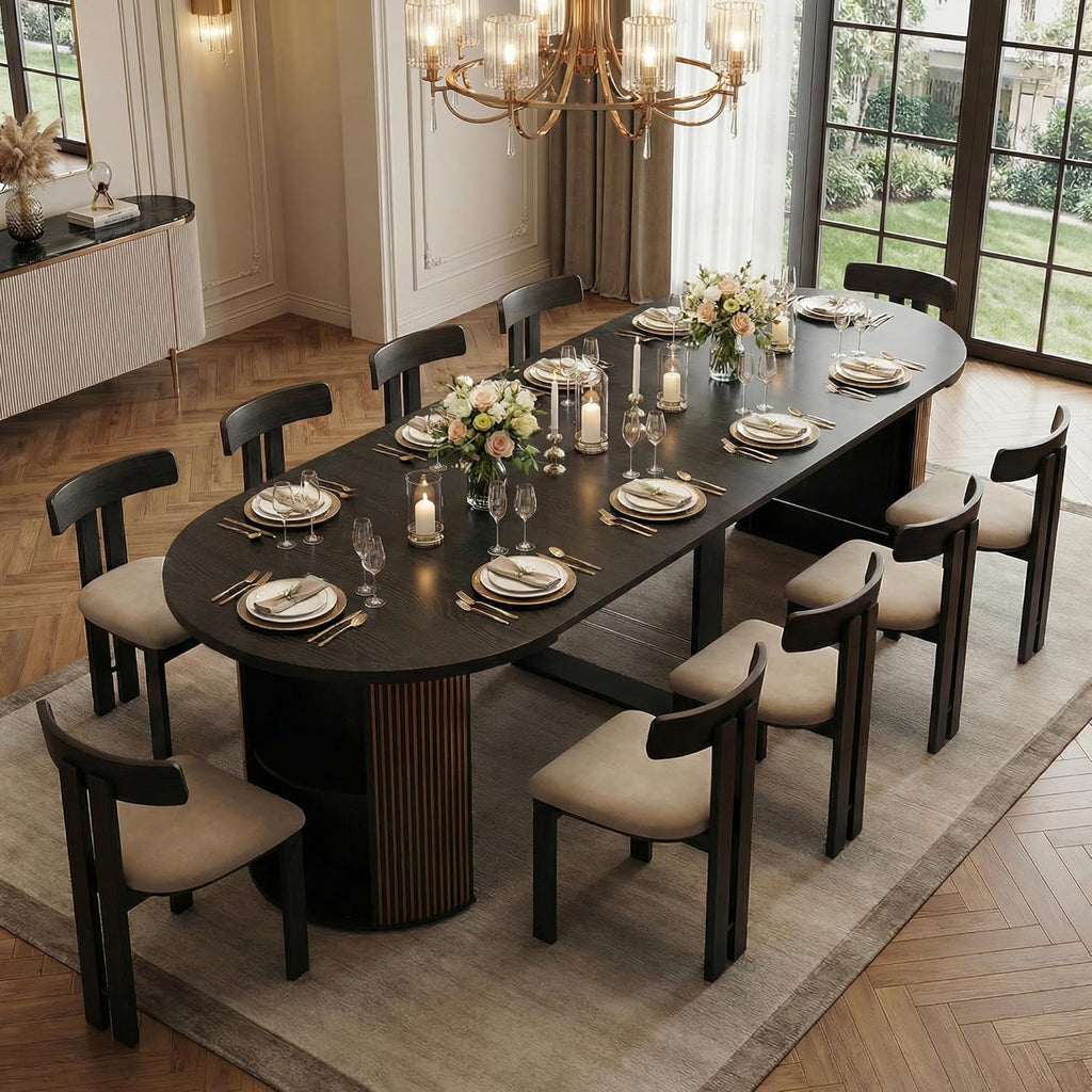 38.6" to 110.2" Modern Extendable Dining Table, 2-12 People Expandable Fluted Round Table with Storage, Space Saving Table for Party Weddings Meetings Celebrations (Black)