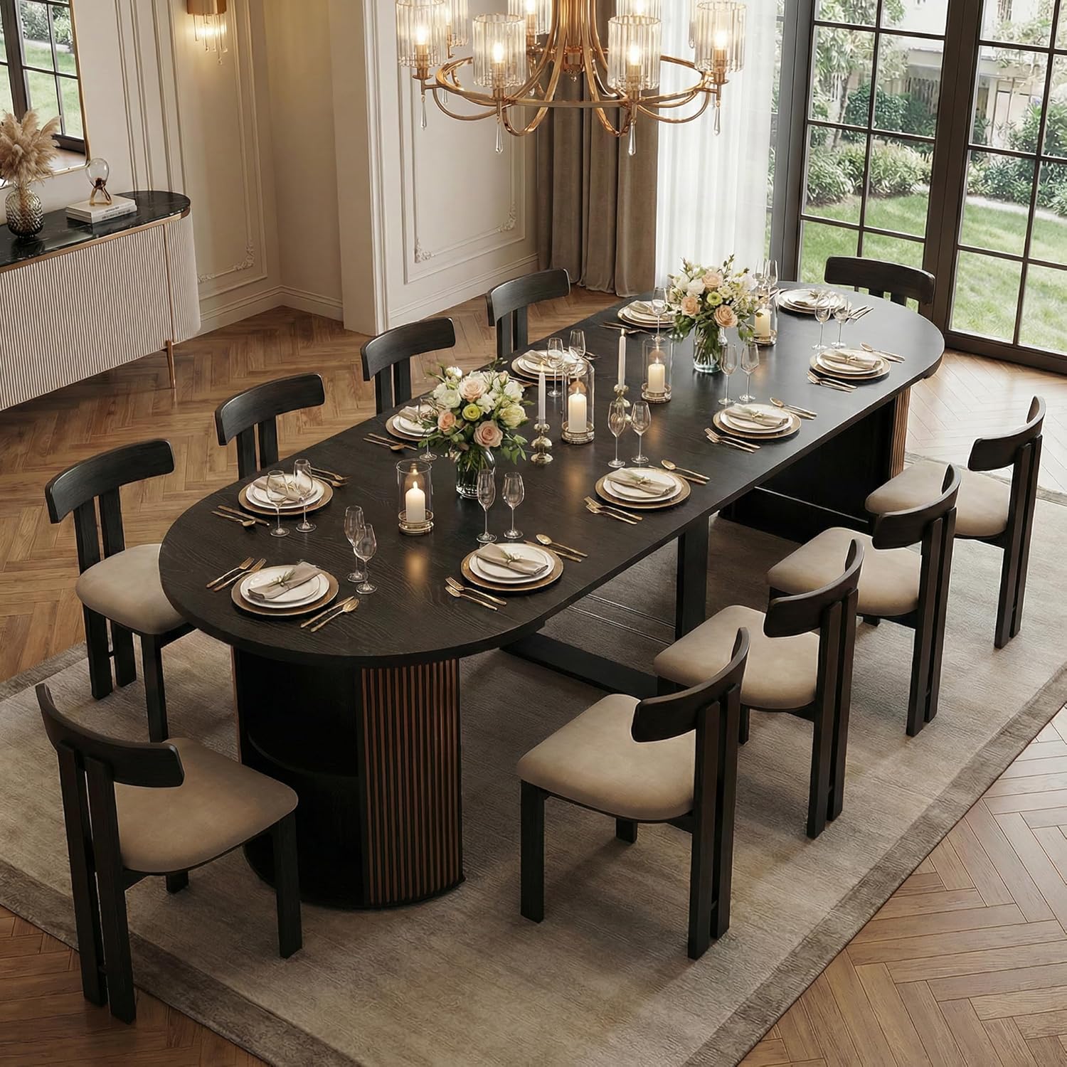 38.6" to 110.2" Modern Extendable Dining Table, 2-12 People Expandable Fluted Round Table with Storage, Space Saving Table for Party Weddings Meetings Celebrations (Black)