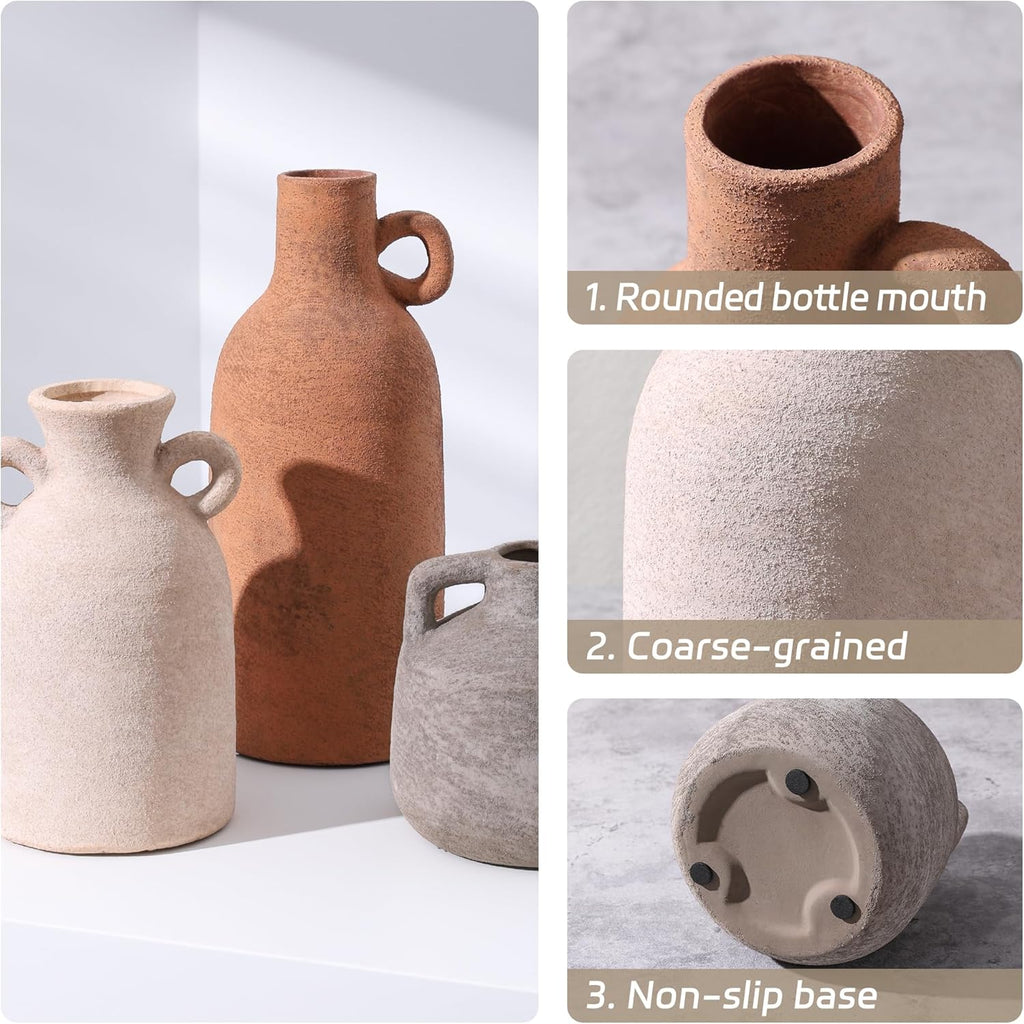 Ceramic Vase Set, 3Pcs Flower Vases for Modern Boho Farmhouse Decor, Decorative Vases for Pampas Grass & Dried Flowers, Distressed Finish