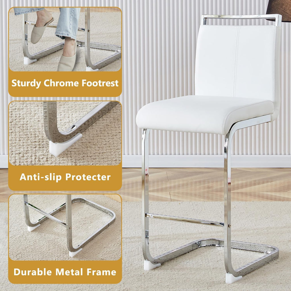 gopop Bar Stools Set of 3,Counter Height Bar Stools with Backs,White Barstools with Chrome Plated Metal Leg,Upholstered Leather Counter Stools Ideal for Kitchen Counter Dining Island Bar Pub
