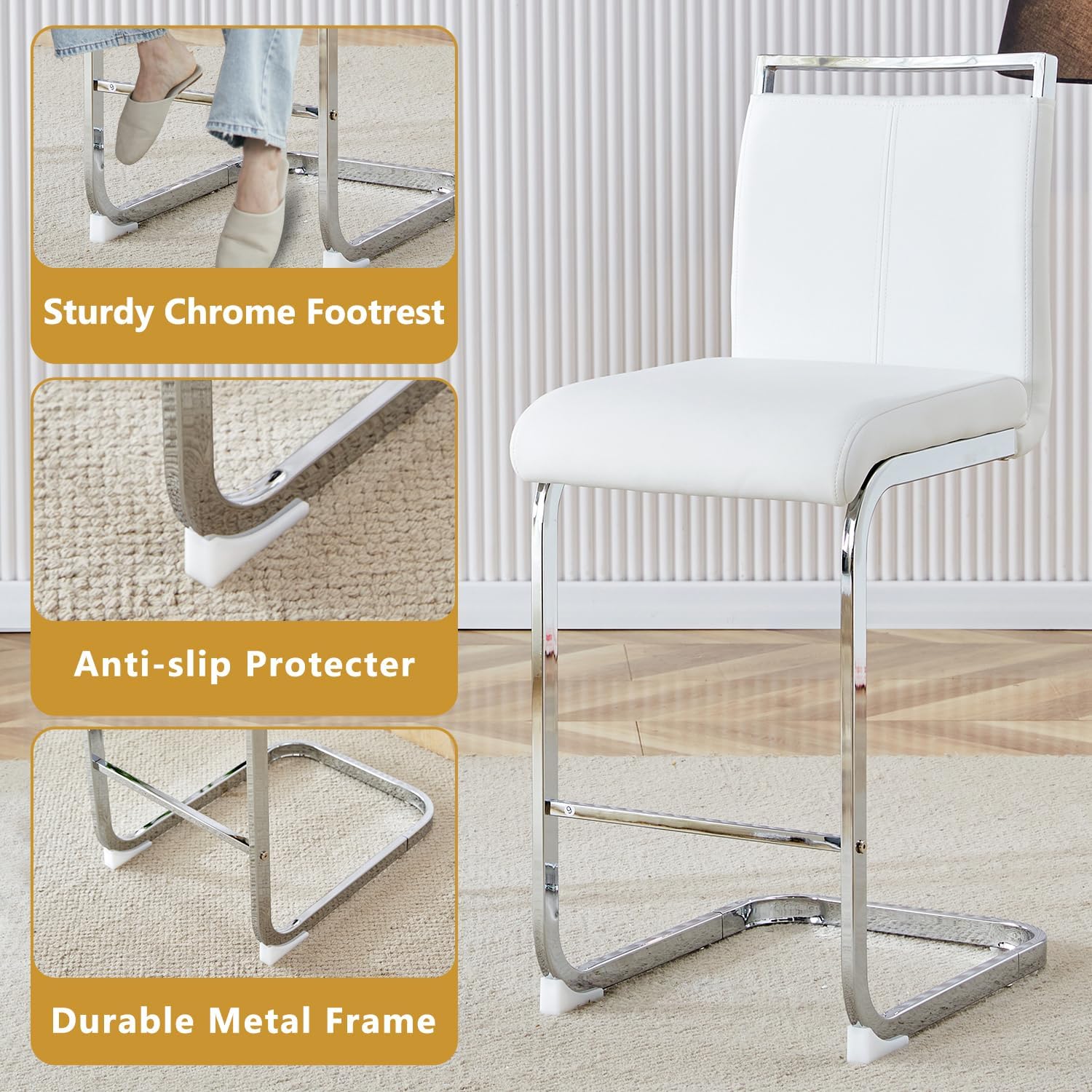 gopop Bar Stools Set of 3,Counter Height Bar Stools with Backs,White Barstools with Chrome Plated Metal Leg,Upholstered Leather Counter Stools Ideal for Kitchen Counter Dining Island Bar Pub