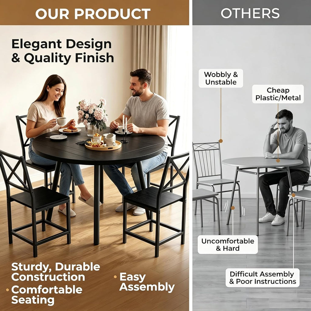 IRONCK Round Dining Table Set for 4, Extendable Kitchen Table with 4 Chairs, 44.5" Drop Leaf Desk, Folding for Small Space, Apartment, Black