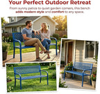 Heavy Duty Blue Steel Patio Garden Bench for 2 – 50" Wide, 790 lbs Capacity – Weather Resistant – Geometric Backrest & Slatted Seat – Porch, Deck, Entryway – Blue