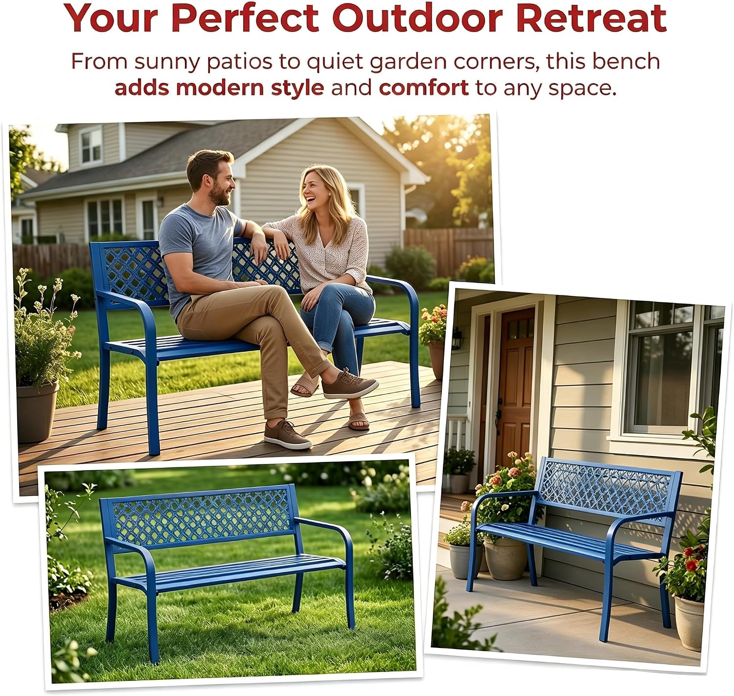 Heavy Duty Blue Steel Patio Garden Bench for 2 – 50" Wide, 790 lbs Capacity – Weather Resistant – Geometric Backrest & Slatted Seat – Porch, Deck, Entryway – Blue
