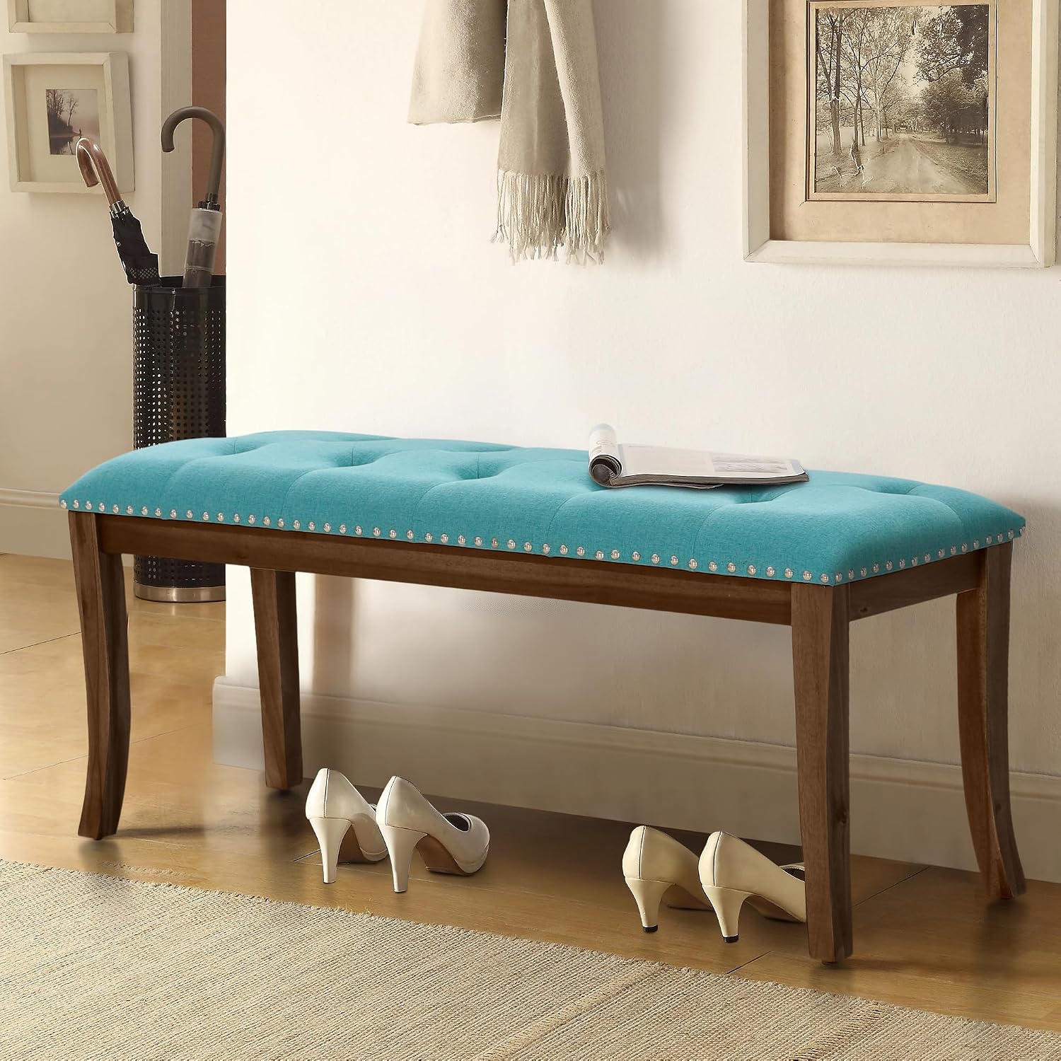 MAISON ARTS 44'' Upholstered Dining Room Bench, Padded Vintage Dining Bench with Solid Wood Legs and Button-Tufted for Kitchen, Living Room, Hallway