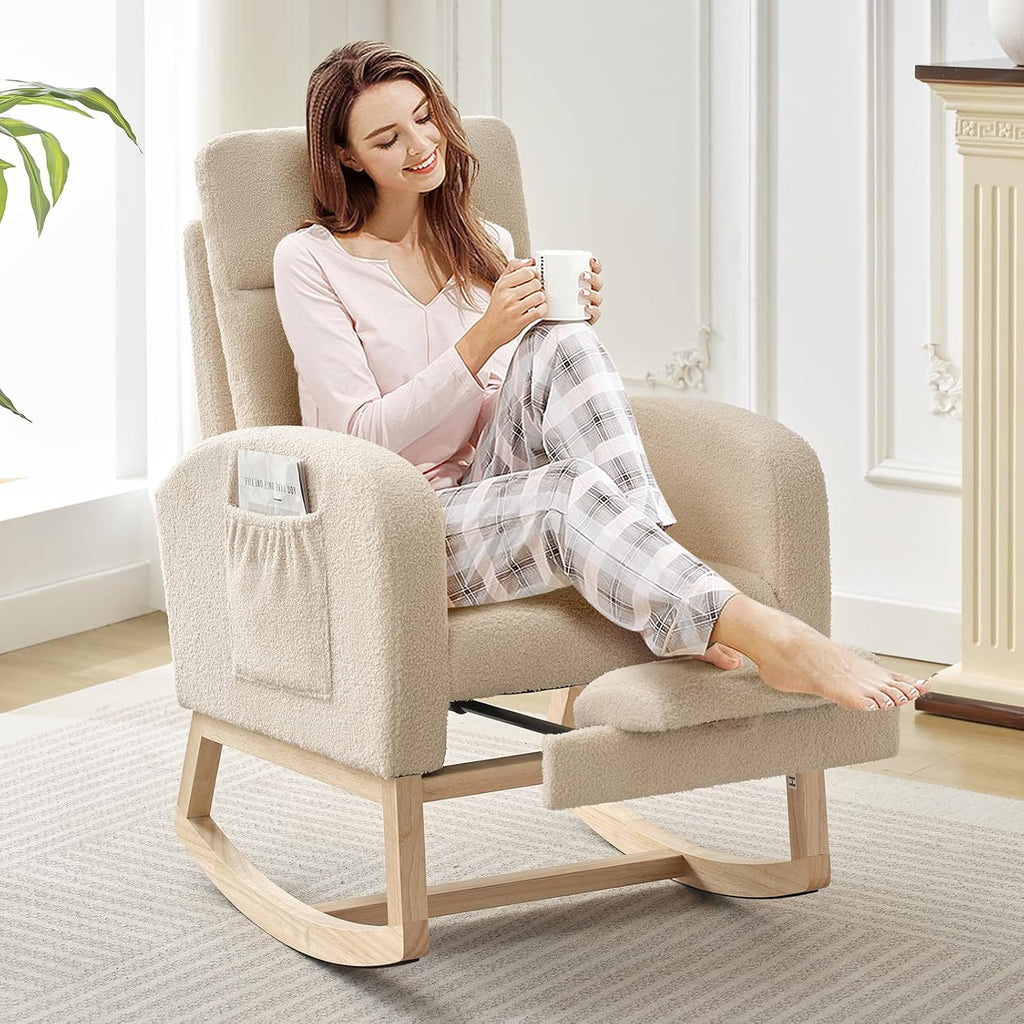 GarveeLife Nursery Rocking Chair,300lb Glider Chair with Solid Wood Legs/Two Side Pockets,Teddy Upholstered Glider Rocker with Footrest High Backrest for Living Room/Bedroom/Nursery