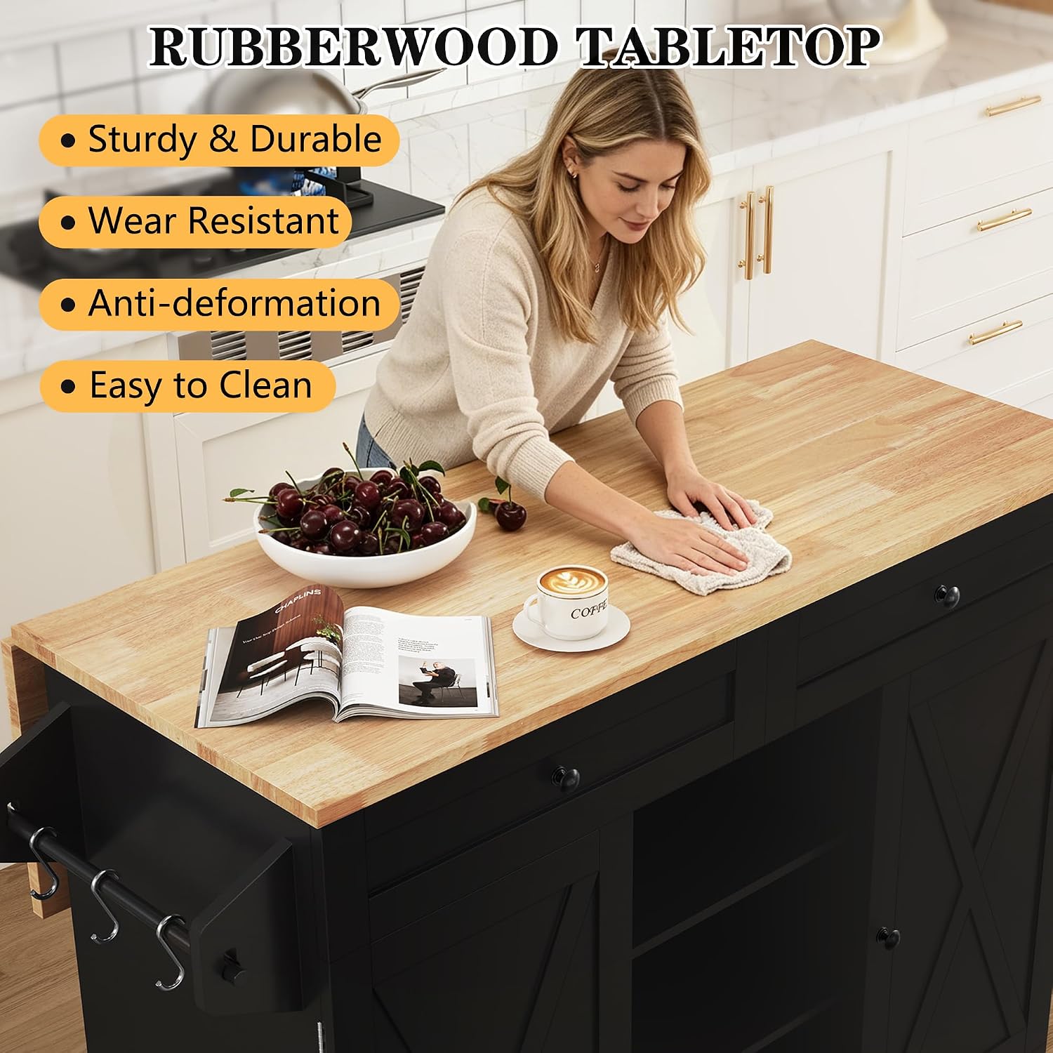 HLR Kitchen Island On Wheels, Black Rolling Kitchen Island Cart with Drop Leaf Countertop, Barn Door Kitchen Islands Table with Storage Cabinet and Tower Rack, Island Table for Kitchen