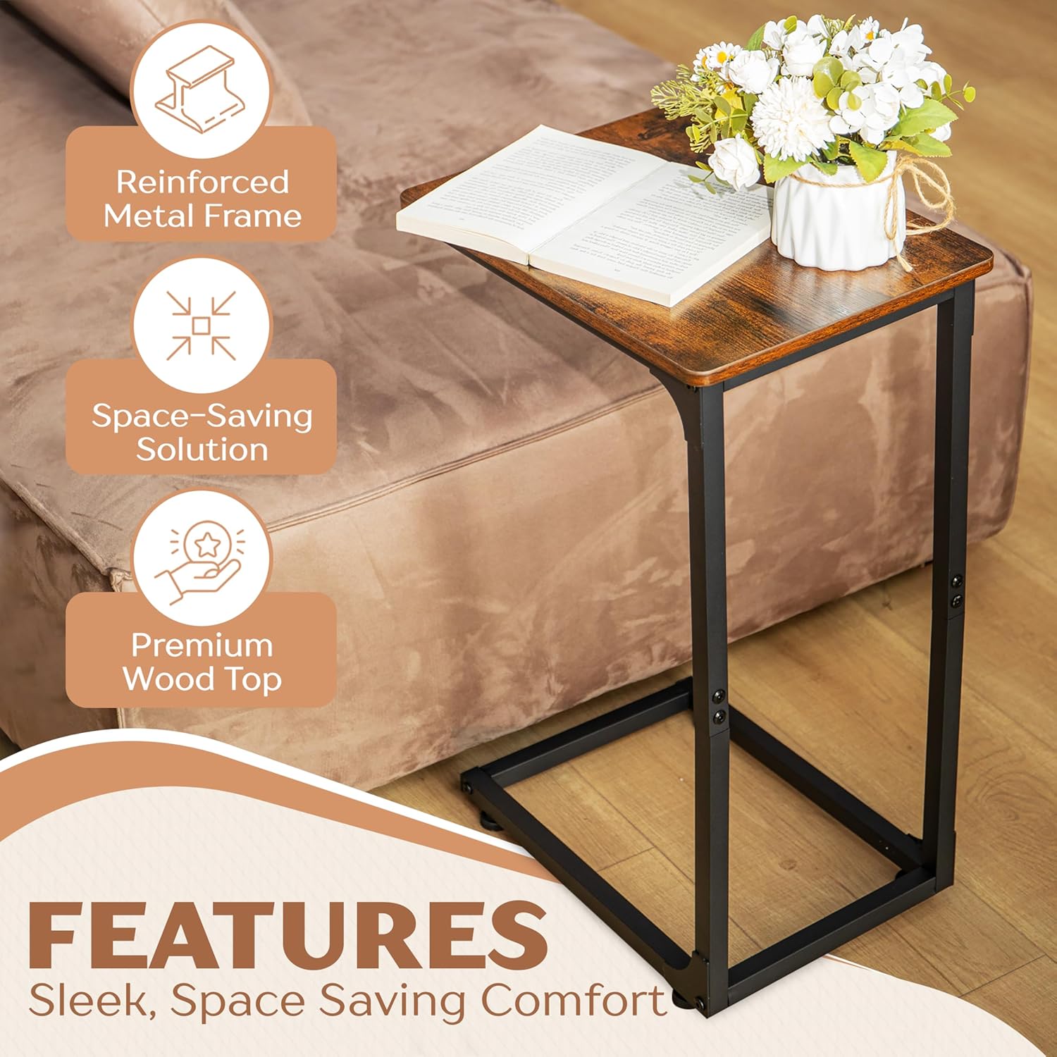Aliha C Shaped End Table | C Table for Sofa with Rounded Corners | Slide Under Couch Side Table | Wood Top Metal Frame | Living Room Bedroom Bedside |