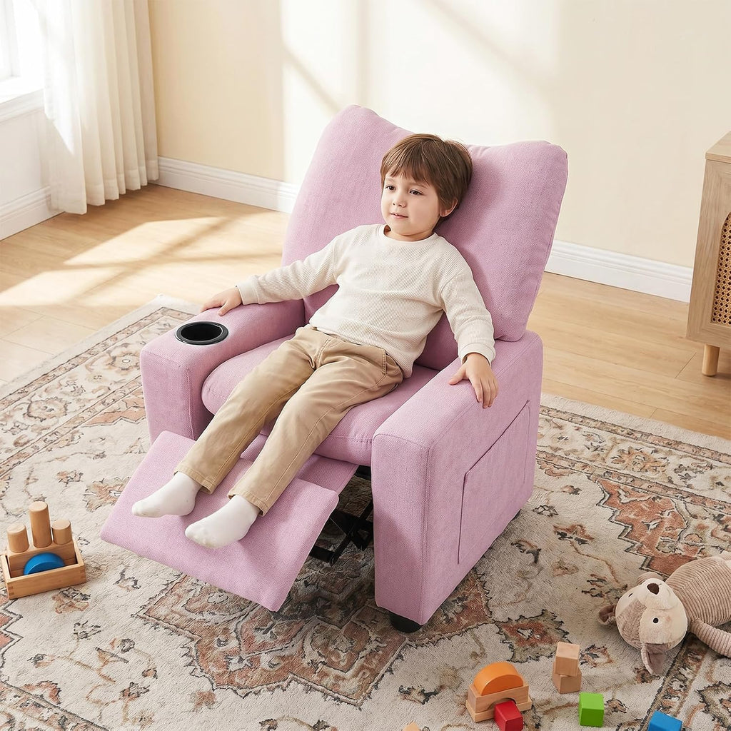 HONEY JOY Kids Recliner with Cup Holder, Chenille Fabric Upholstered Push Back Toddler Sofa w/Storage Pockets, Adjustable Backrest & Footrest, Child Reclining Chair for Ages 3+, Pink