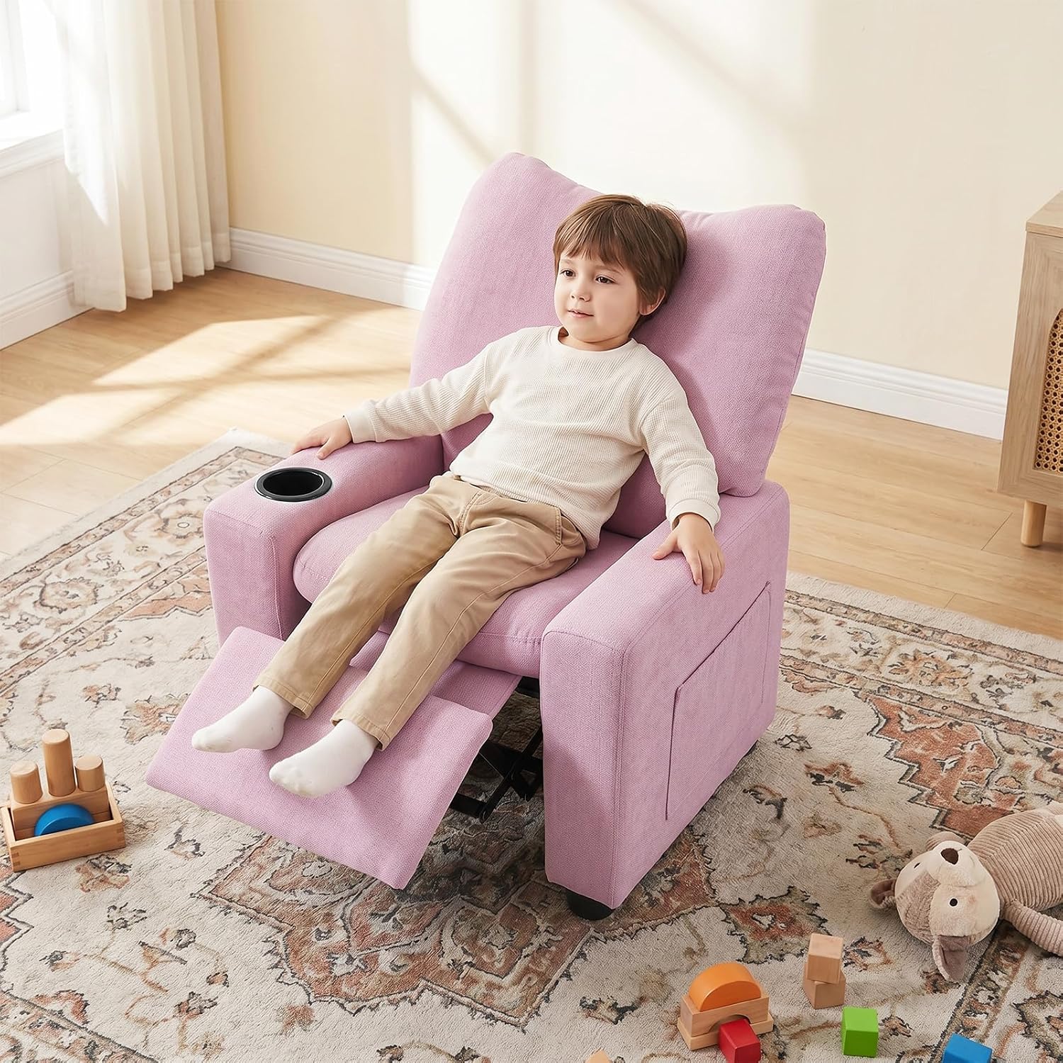 HONEY JOY Kids Recliner with Cup Holder, Chenille Fabric Upholstered Push Back Toddler Sofa w/Storage Pockets, Adjustable Backrest & Footrest, Child Reclining Chair for Ages 3+, Pink