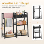 Gewudraw 2-in-1 Bathroom Ladder Shelf, 3-Tier Freestanding Towel Shelf with Drawer & Hooks, Storage Organizer for Bathroom, Laundry Room, Living Room, Balcony, Black