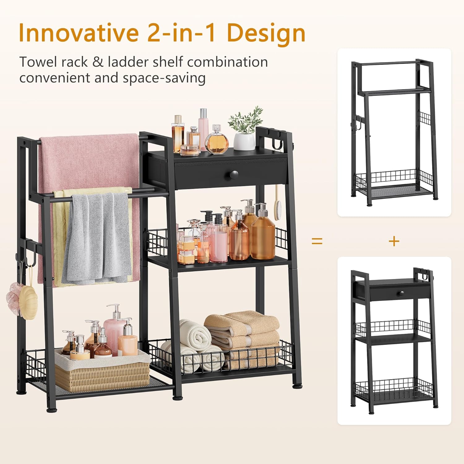 Gewudraw 2-in-1 Bathroom Ladder Shelf, 3-Tier Freestanding Towel Shelf with Drawer & Hooks, Storage Organizer for Bathroom, Laundry Room, Living Room, Balcony, Black