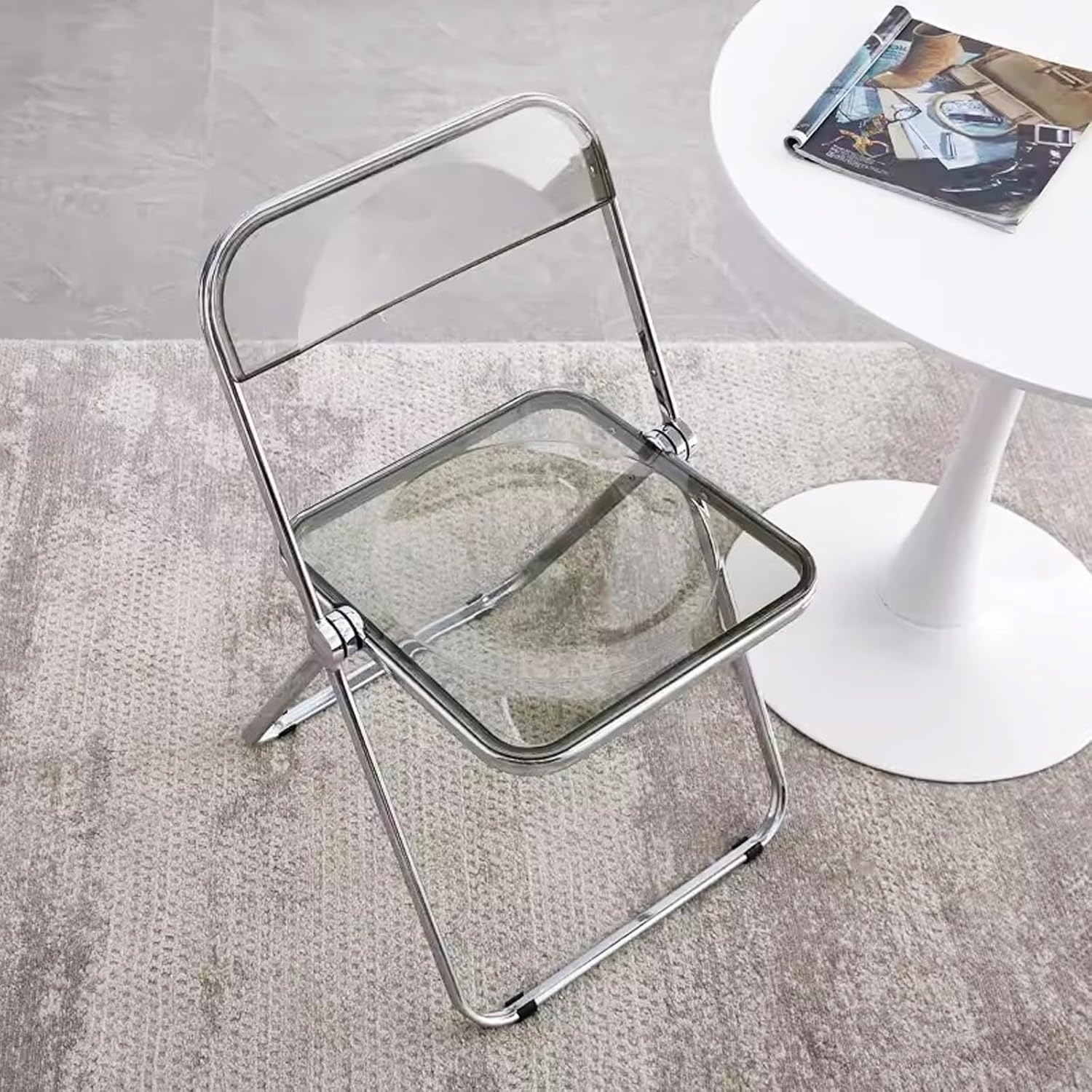 Luxury Modern Transparent Folding Chair, Acrylic Folding PC Plastic Living Room Seat, Chrome Frame(Grey)