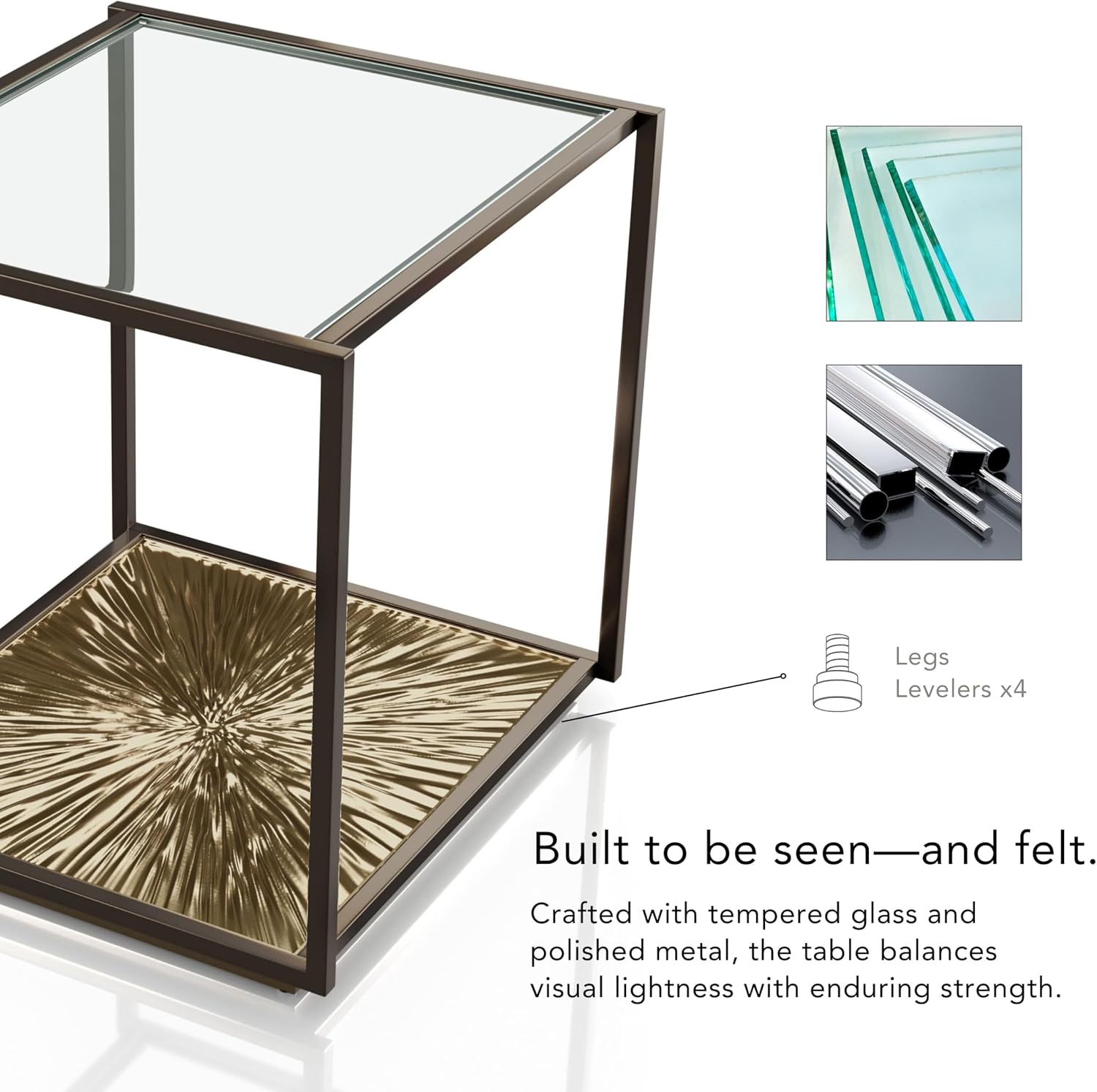 24/7 Shop at Home Aureum Modern 24-inch 1-Shelf Glass Top End Table with Sunburst Bottom Panel, Metal Frame for Living Room, Office, Antique Gold & Black