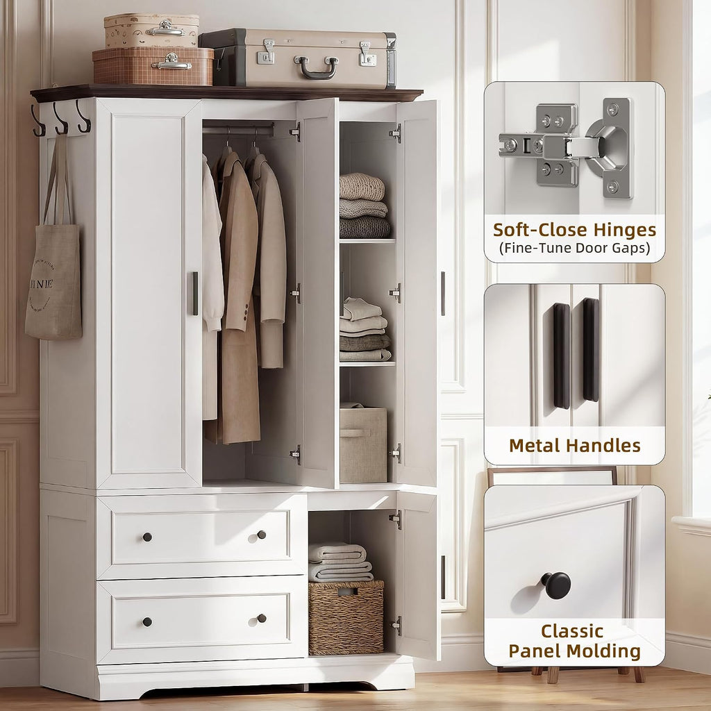 YESHOMY Armoire Wardrobe Closet with Drawers, 70.9" H x 21.1" D Wooden Closet with Hanging Rod, Fixed Shelves & Bottom Cabinet, Soft-Close Doors, Ball-Bearing Slides (White)