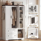 YESHOMY Armoire Wardrobe Closet with Drawers, 70.9" H x 21.1" D Wooden Closet with Hanging Rod, Fixed Shelves & Bottom Cabinet, Soft-Close Doors, Ball-Bearing Slides (White)