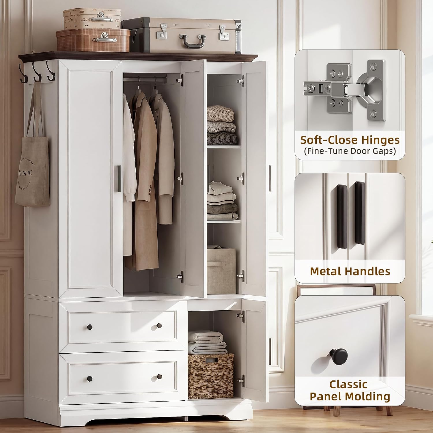 YESHOMY Armoire Wardrobe Closet with Drawers, 70.9" H x 21.1" D Wooden Closet with Hanging Rod, Fixed Shelves & Bottom Cabinet, Soft-Close Doors, Ball-Bearing Slides (White)