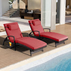 Outdoor Patio Chaise Chair Wicker Lounge Chairs for Outside Pool Chaise Lounge Set of 2 PE Rattan Recliners with Side Shelf & 6-Position Adjustable for Deck Yard Beach Poolside, Red