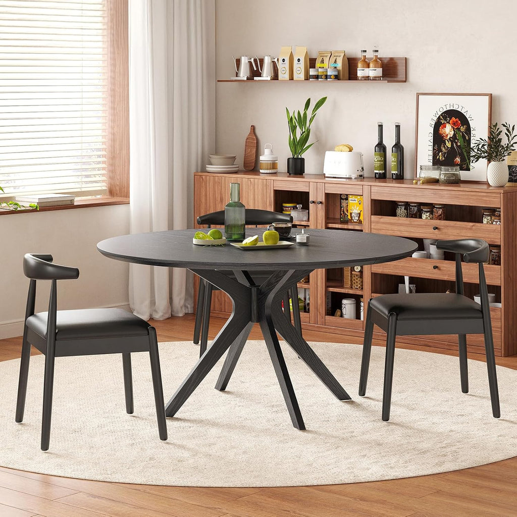 Round Dining Table 47 in for 4 to 6 People, Solid Wood Kitchen Table with Intersecting Pedestal Base and Floor Protection, Modern Round Dining Room Table for Apartment or Nook, Black