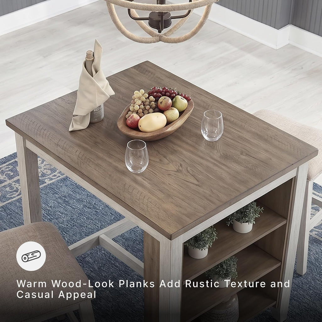 Signature Design by Ashley Skempton 3 Piece Counter Height Dining Table and Bar Stools Set, Built-in Storage, Wood, Acacia Veneer and Engineered Wood, Small Kitchen Table, White/Light Brown