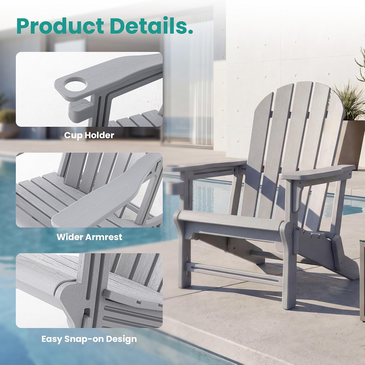 SUNBURY Outdoor Adirondack Chair, Set of 1 HDPE Outdoor Chair w Cup Holder, 0 Screws Wood Texture Garden DIY Chair Weather Resistant, Fire Pit Chair, Plastic Patio Chair for Deck,Backyard,Garden, Grey