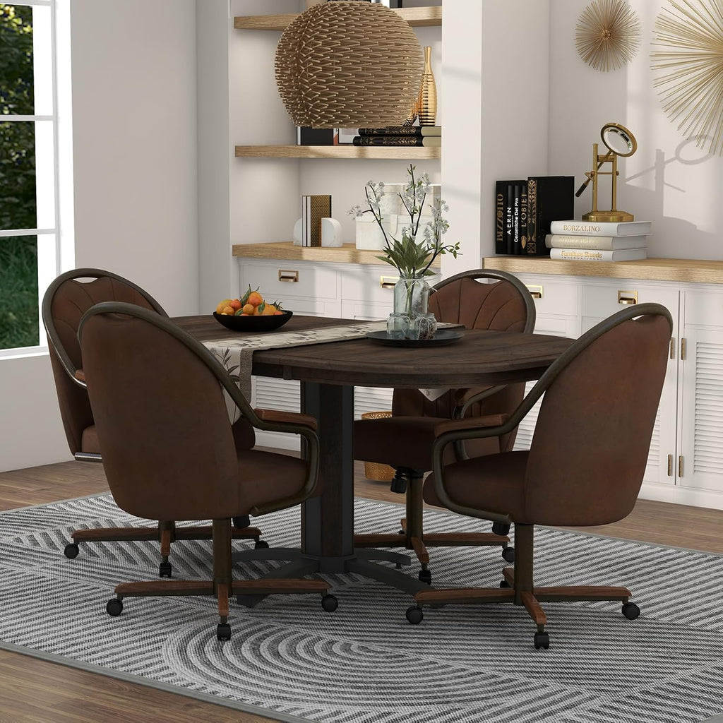 Chromcraft Douglas Set of 1 Casual Dining Chairs Classic Swivel Tilt Dining Chairs with Casters, Wooden Arm Metal Base Chairs with Rolling Wheels for Kitchen & Dining Room (Mocha-Walnut)