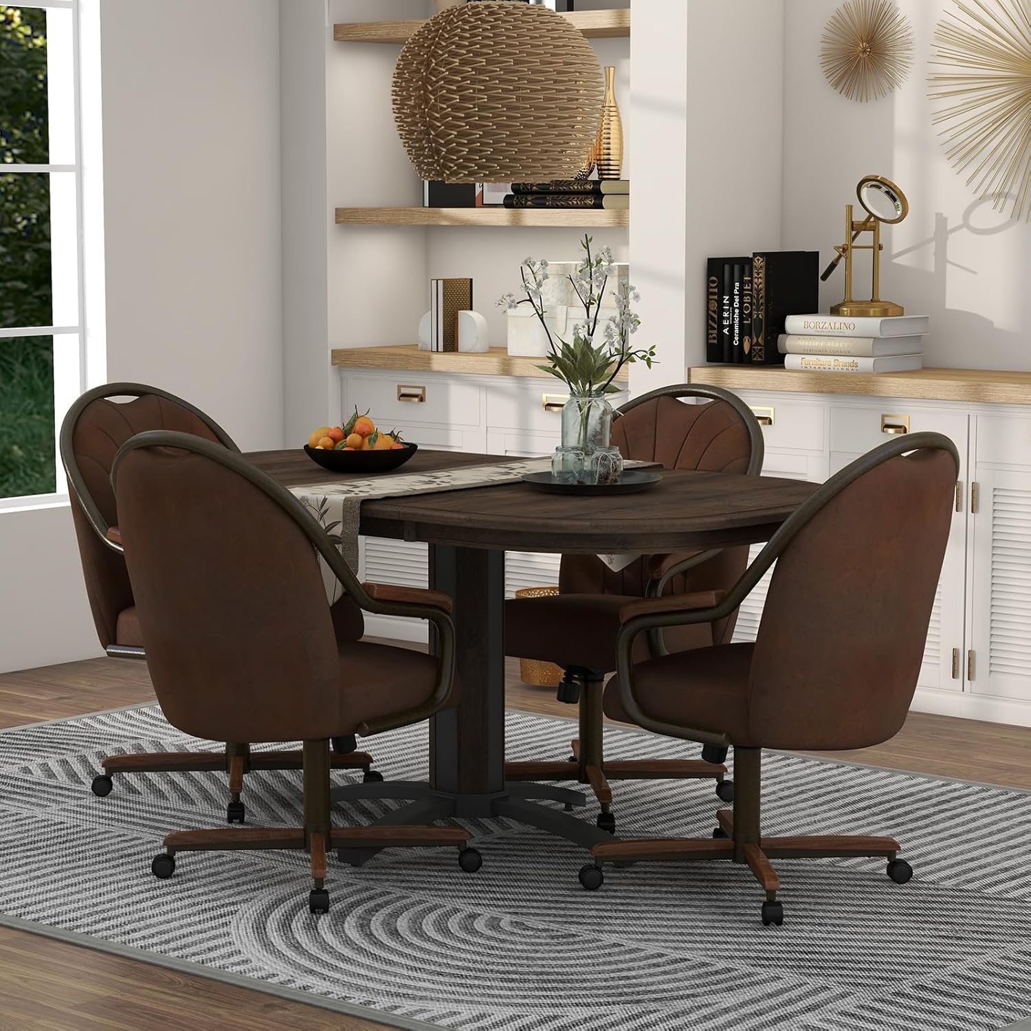 Chromcraft Douglas Set of 1 Casual Dining Chairs Classic Swivel Tilt Dining Chairs with Casters, Wooden Arm Metal Base Chairs with Rolling Wheels for Kitchen & Dining Room (Mocha-Walnut)