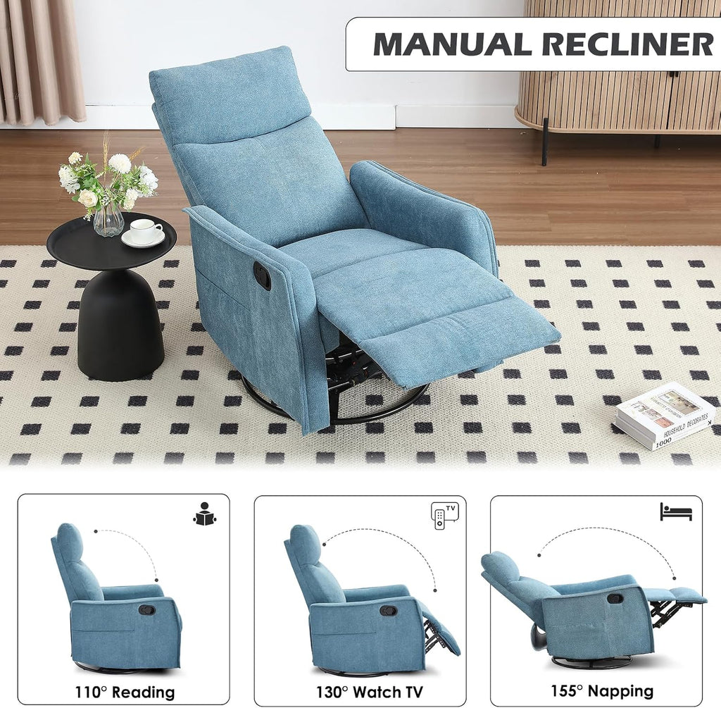 Trustyue Swivel Rocker Recliner Chair, 360° Swivel Recliner with Heat and Massage, Rocker Recliner Nursery Glider Chair with Side Pockets for Living Room (Light Blue, Fabric)