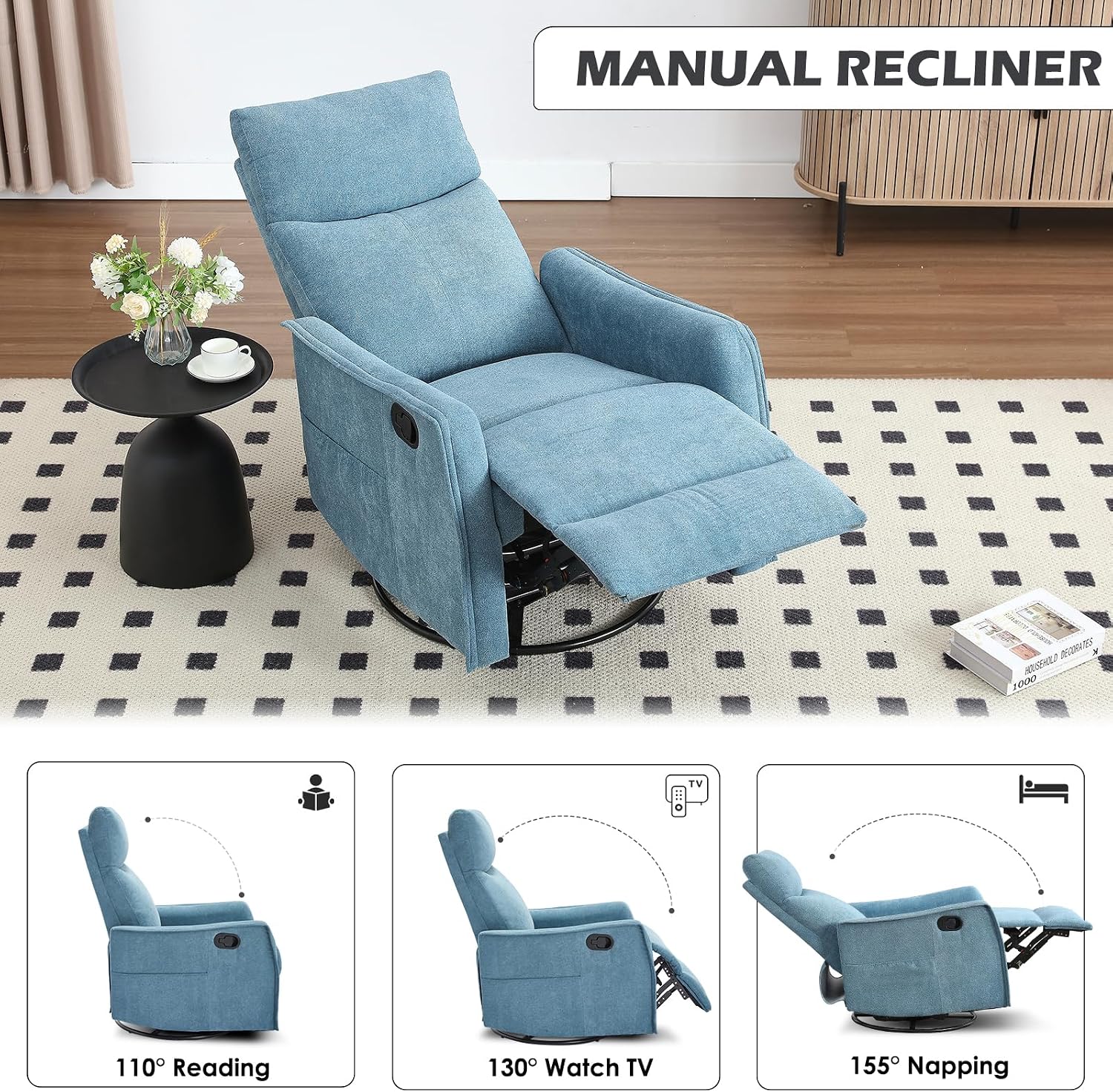 Trustyue Swivel Rocker Recliner Chair, 360° Swivel Recliner with Heat and Massage, Rocker Recliner Nursery Glider Chair with Side Pockets for Living Room (Light Blue, Fabric)