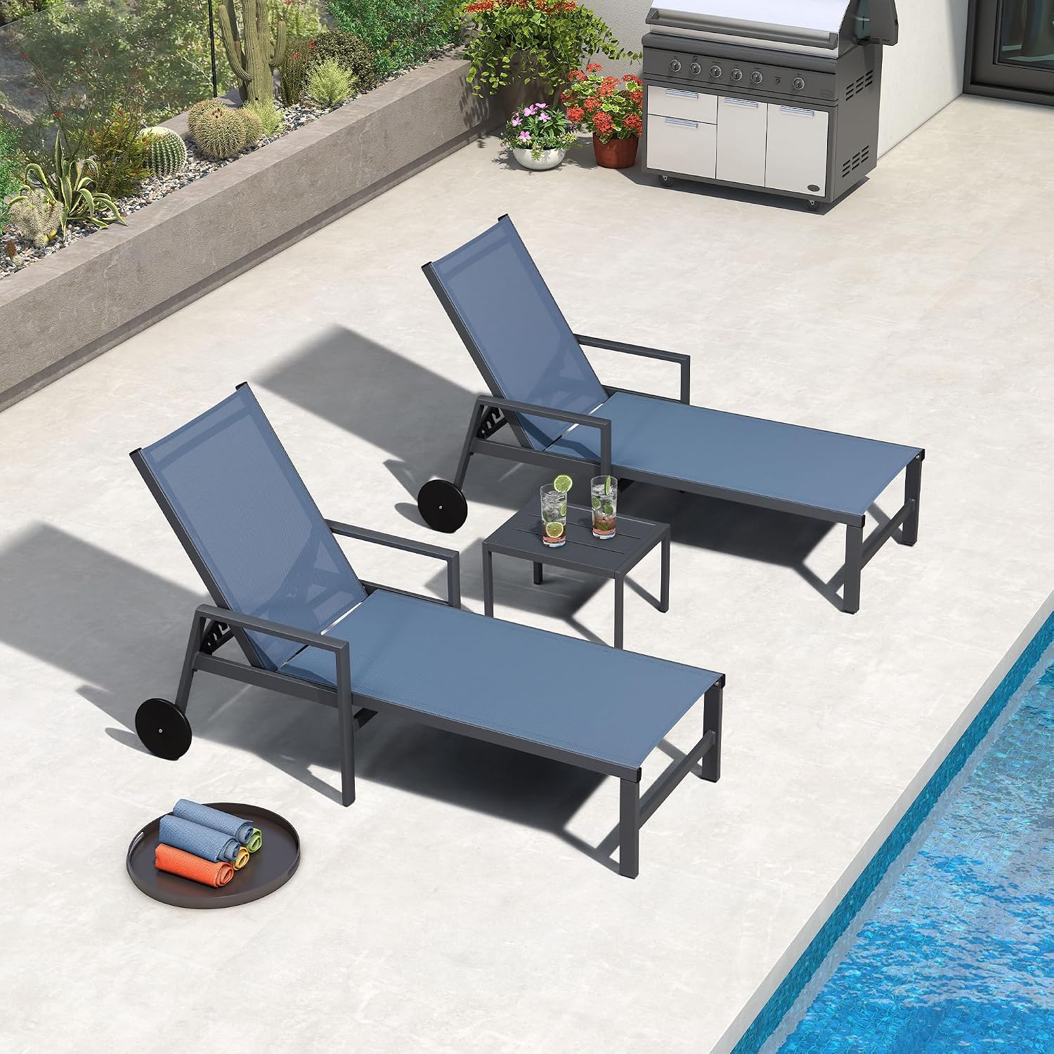 PURPLE LEAF Outdoor Chaise Lounge Set for 2 Aluminum Patio Chaise Lounger Chair with Armrest and Wheels Adjustable Pool Chaise Lounge Chairs for Beach Yard Poolside Table Included, Indigo