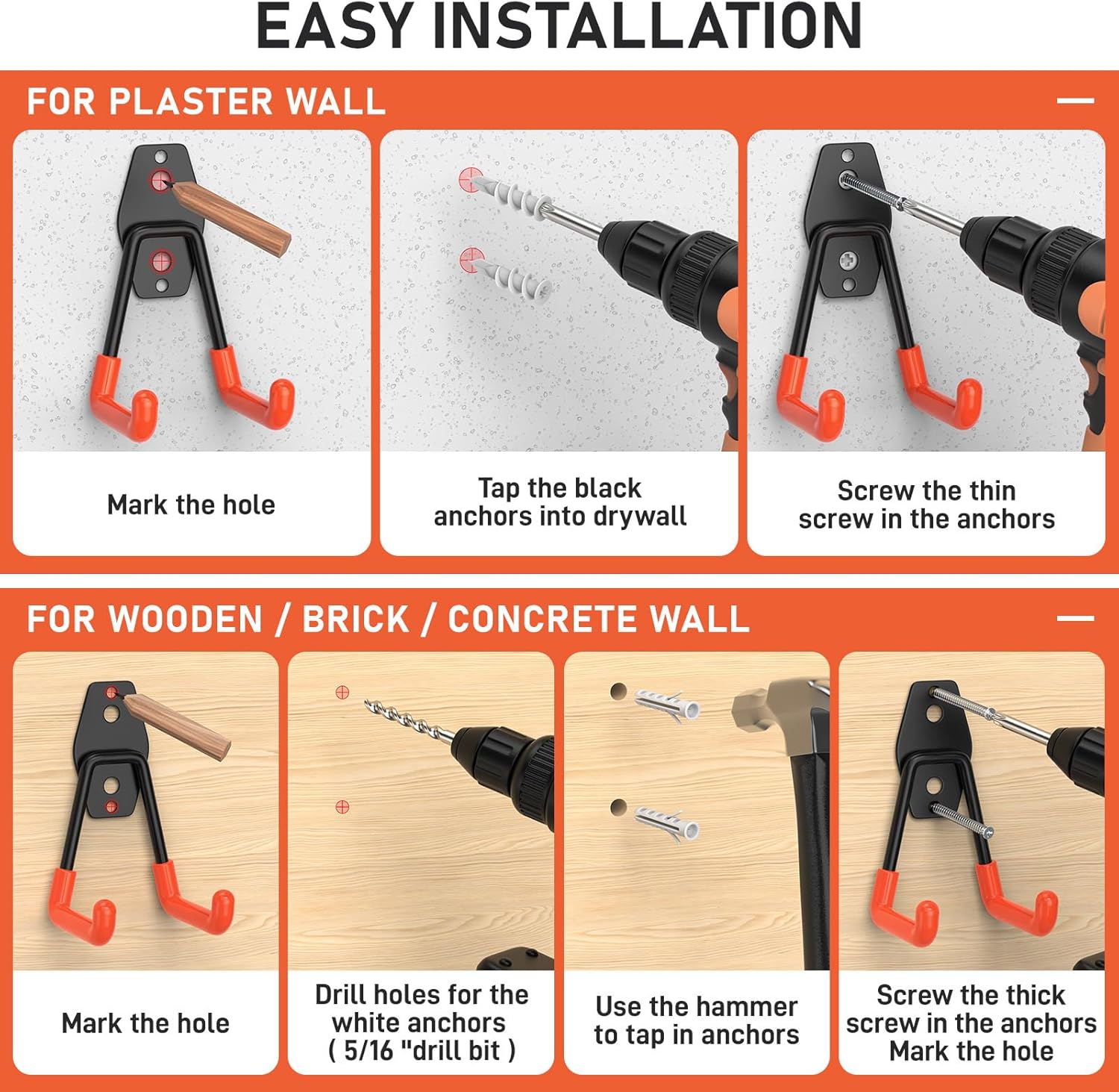 Heavy Duty Wall Mount Garage Hooks, 42-Pack | Hanging Storage for Bikes, Ladders, Hoses, Ropes, Garden Tools - For Warehouse, Workshop, Shed, Shop, Yard