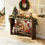 COSIEST 43.3" Farmhouse Console Table for Entryway, 2-Tier Sofa Table with Faux Stone Grain Top, Slim Accent Table for Hallway, Behind Couch, or Living Room, Brown Wood Look