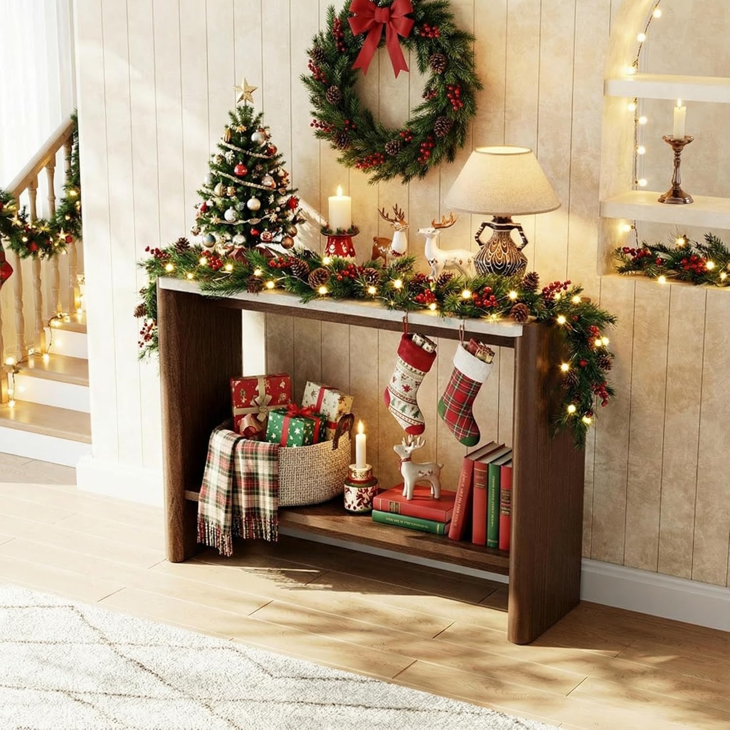 COSIEST 43.3" Farmhouse Console Table for Entryway, 2-Tier Sofa Table with Faux Stone Grain Top, Slim Accent Table for Hallway, Behind Couch, or Living Room, Brown Wood Look