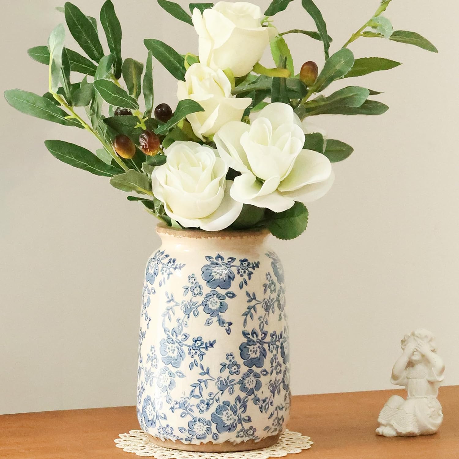 Ronasip Vintage Blue and White Chinoiserie Ceramic Vase, 6.9” Hand-Painted Peony Floral Design, Antique Style Vases for Home Decor, Centerpieces, Living Room, Balcony (Blue and White)