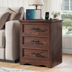 Walnut Night Stand with Charging Station, Farmhouse Bedside Table & End Table with 3 Drawers and Unique Base Design, Wood Nightstand with Metal Handles for Bedroom, Living Room