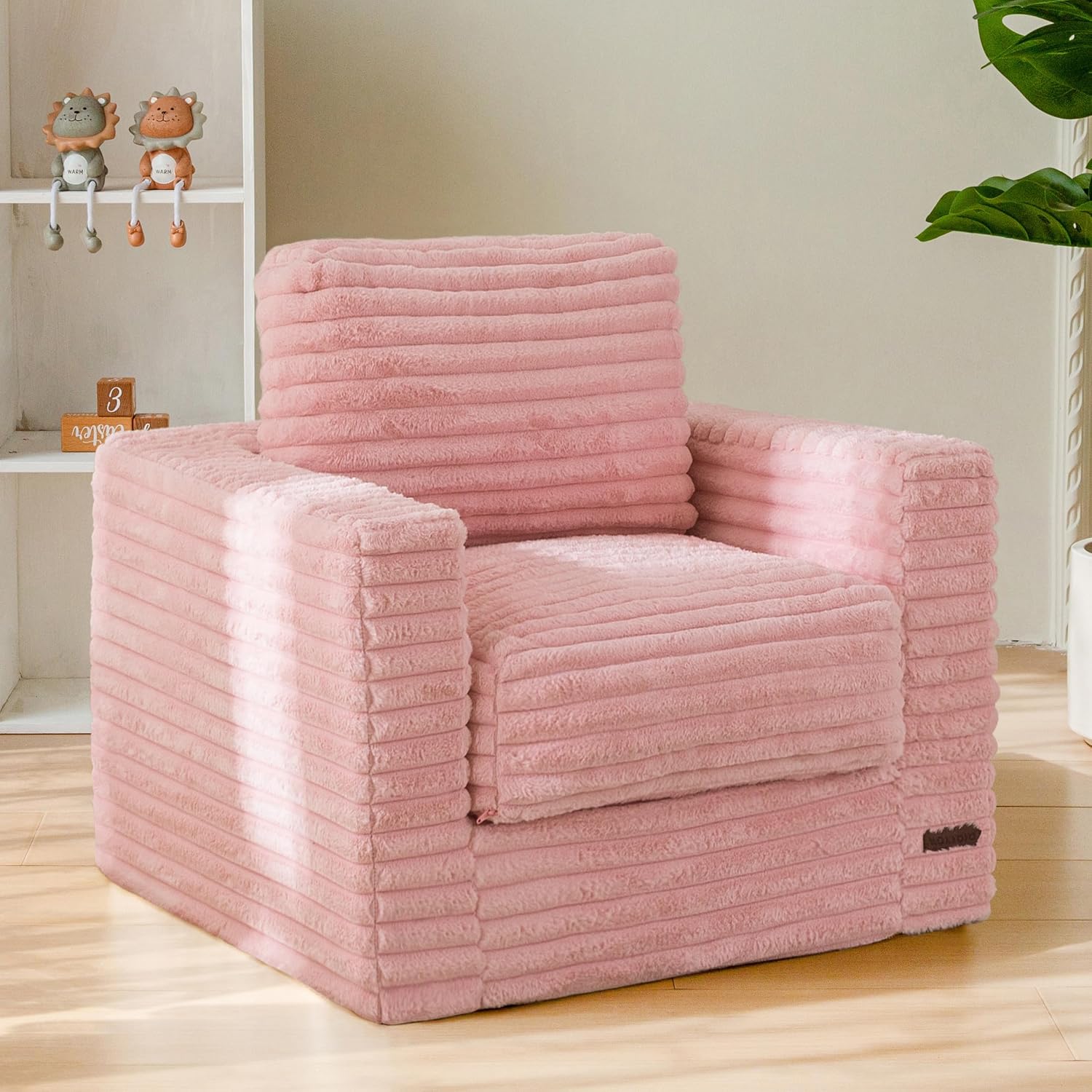 MAXYOYO Kids Bean Bag Chair, Comfy Upholstered Bean Bag Sofa with Filler | Faux Fur Floor Sofa with Pillows and Armrests, Lazy Floor Chair Couch for Boys and Girls, Pink