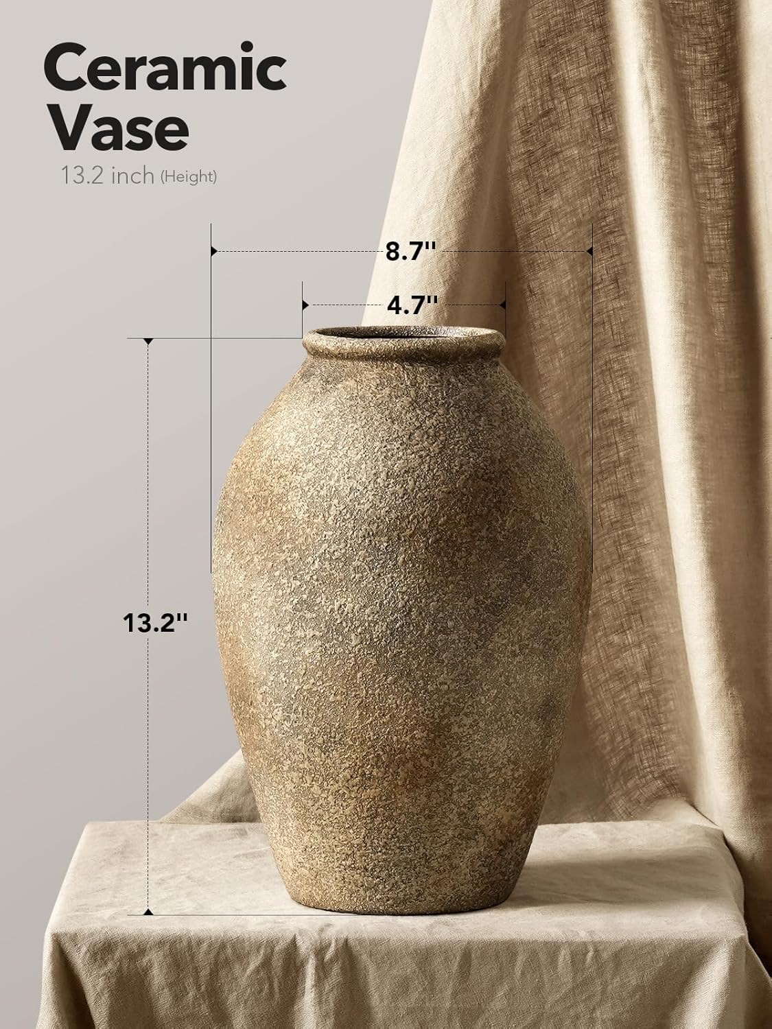 LE TAUCI Ceramic Flower Vase, 13.2 Inch Large Rustic Farmhouse Vase, Tall Floor Vase for Home Decor, Living Room Table & Mantel Centerpiece, Watertight & Sturdy, Sandstone Brown