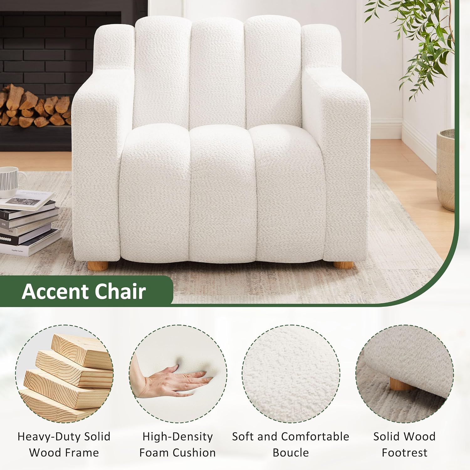 VANOMi Oversized Accent Chair, Modern Living Room Chairs, Comfy Boucle Fabric Upholstered Armchair for Bedroom, Office, Waiting Room (White Boucle)