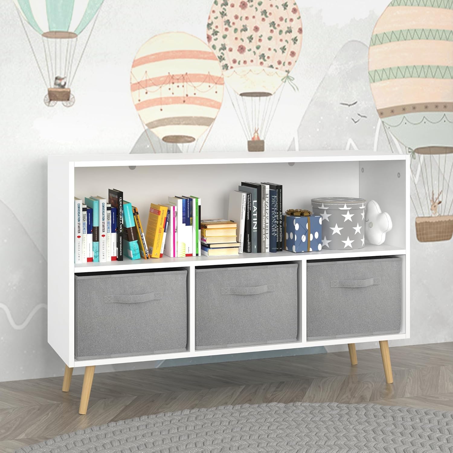 Kids Bookcase, Multi Shelf Cubby with 3 Collapsible Fabric Drawers, 3-in-1 Toy Storage Cabinet Organizer, Wooden Kids Book Display for Bedroom, Nursery, Playroom, White+Gray