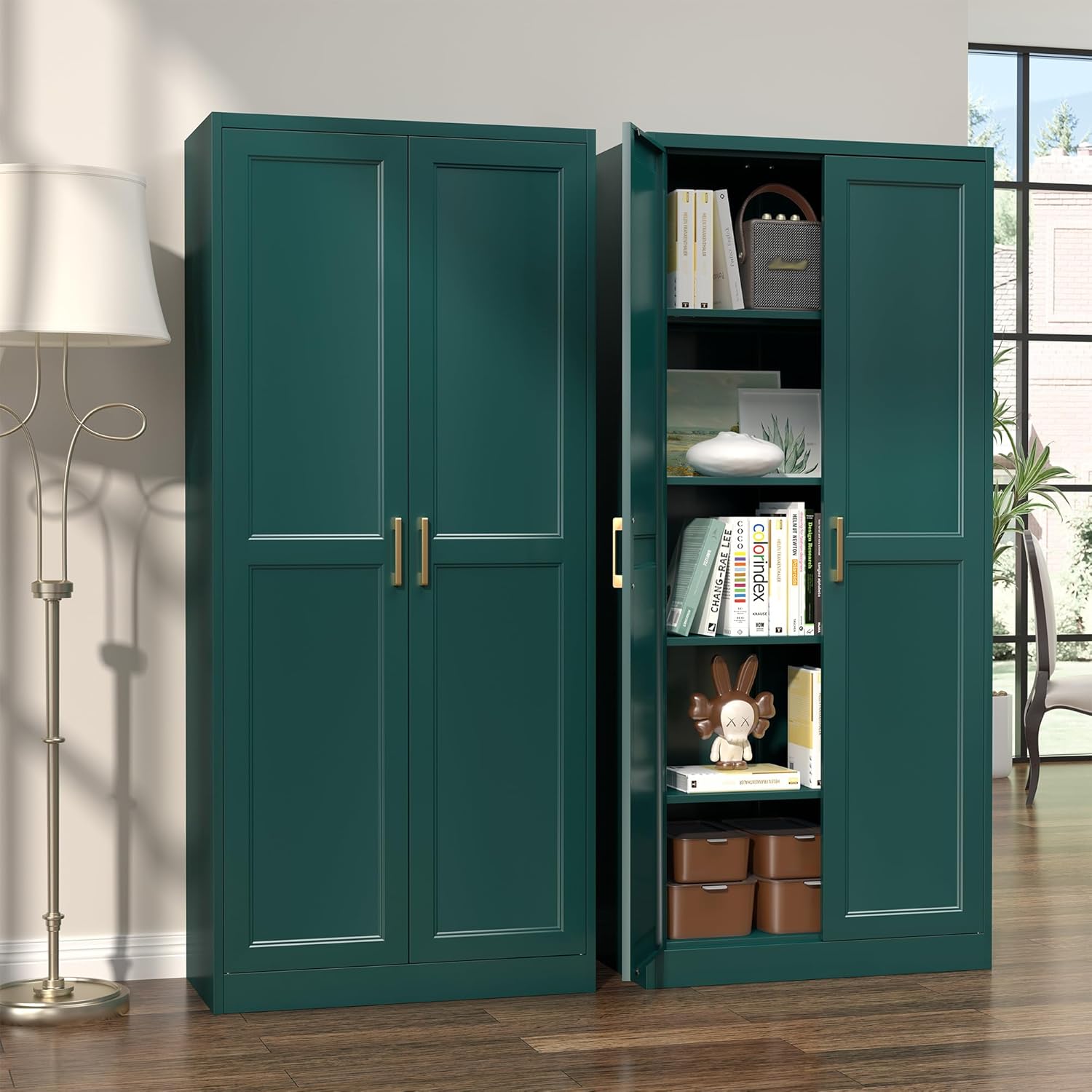 SteeLoong Kitchen Pantry Cabinet,71”Green Metal Pantry Storage Cabinets with Doors and 4 Adjustable Shelves,Kitchen Cabinet with 2 Gold Handles,Tall Cabinet for Livingroom, Bathroom