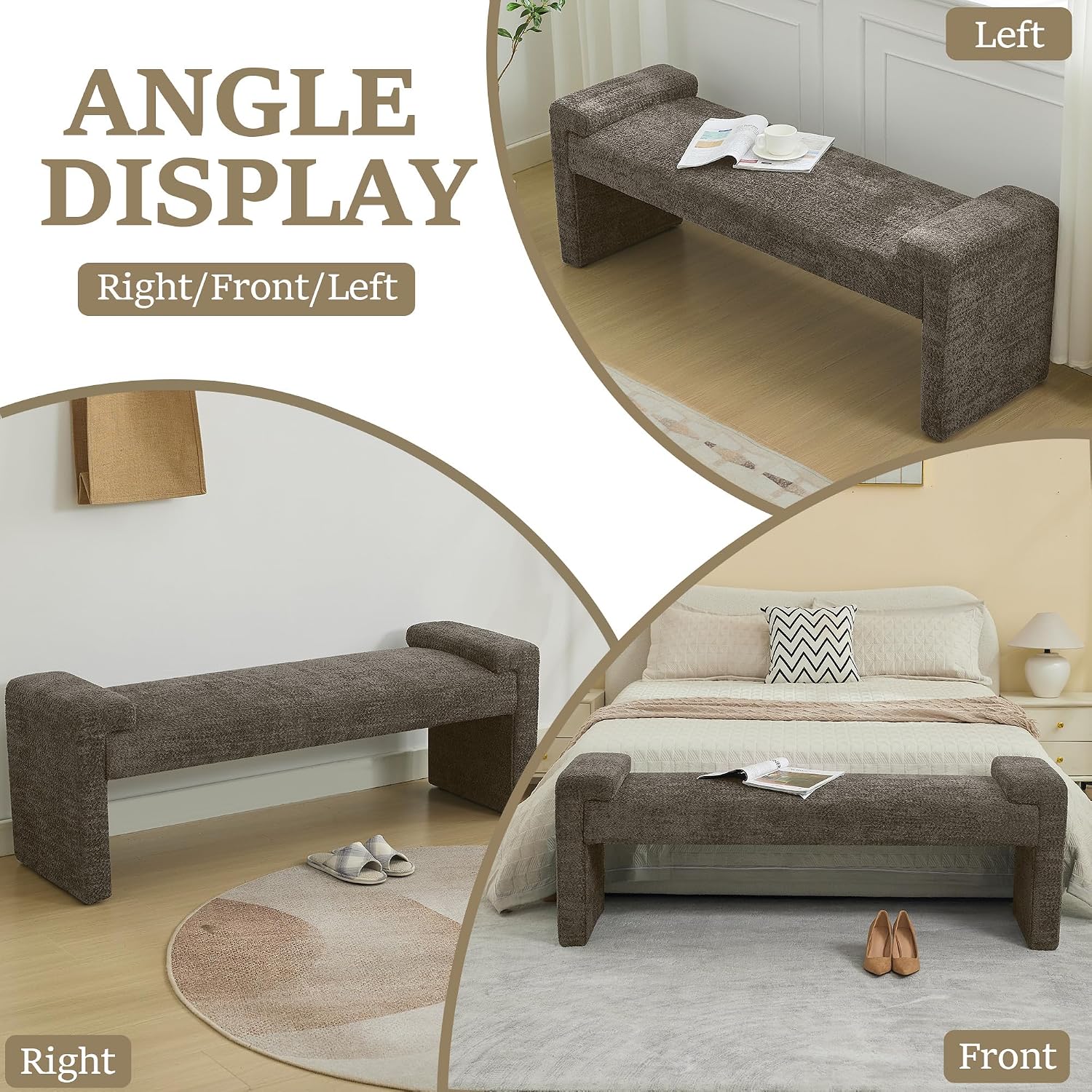 WUTUTUEE 58.7" End of Bed Bench Upholstered Modern Bedroom Bench for Living Room & Entryway, Easy Assembly, Footrest Ottoman Accent Window Bench with Solid Wood Frame & Curved Arm, Brown