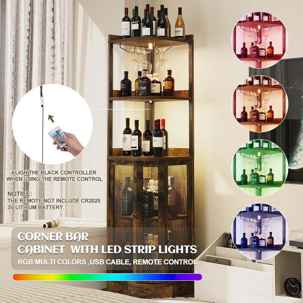 EOYUTLLY Corner Bar Cabinet with Power Outlet and LED Strip, 65" H 5-Tier Corner Liquor Wine Display Cabinet for Home, Storage Solution for Living Room, Kitchen, Home Bar, Brown